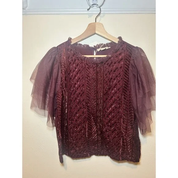 Anthropologie Women's Let Me Be Sequined Embroidered Top Burgundy NWT - Picture 4 of 9